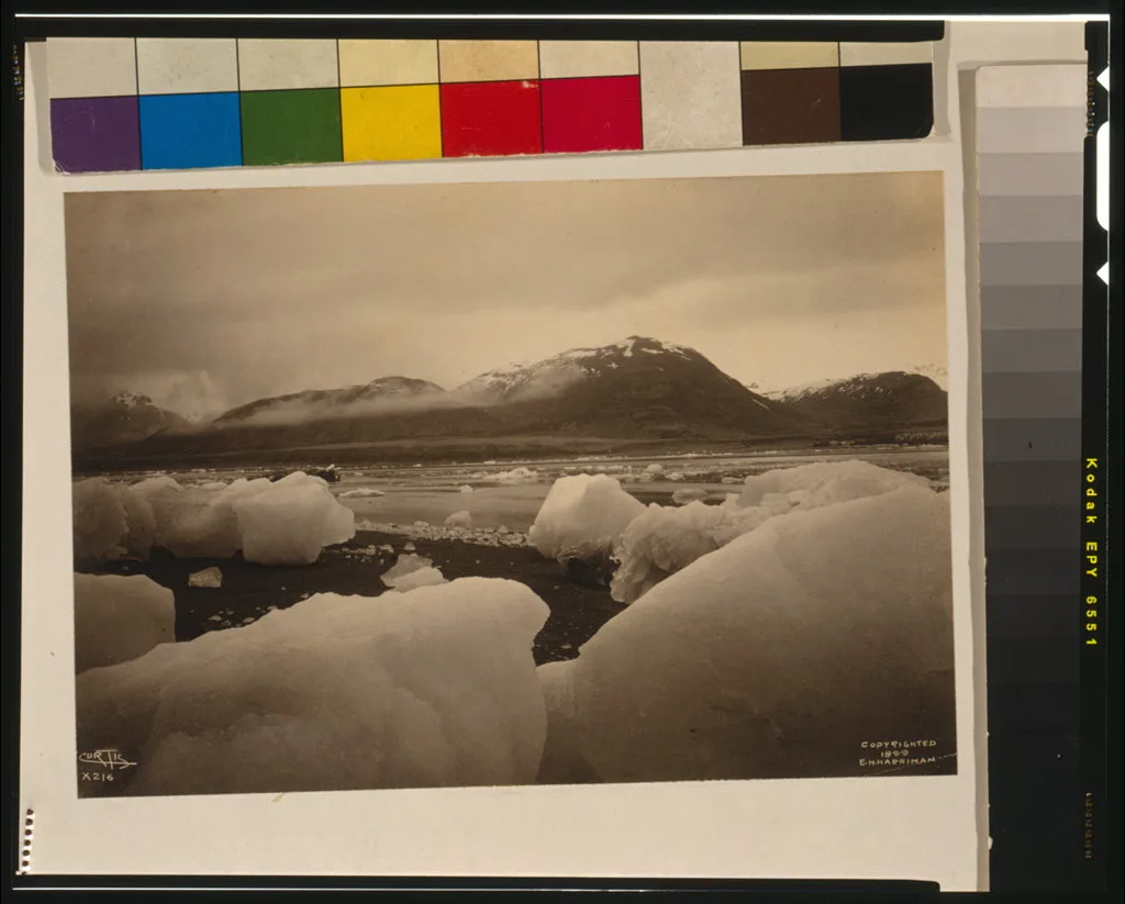 [Icebergs, bay, and mountain in background, Alaska], 1899