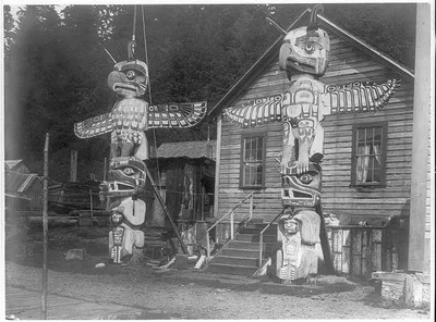 Carved posts at Alert Bay, British Columbia, 1914