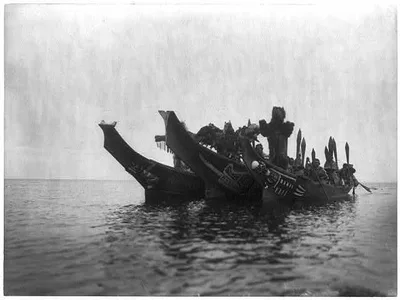 Masked dancers in canoes [B]--Qagyuhl, British Columbia, 1914
