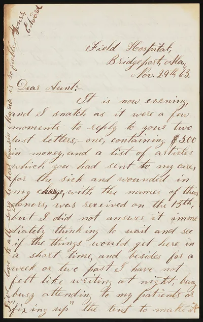 [Letter from Private Edward W. Curtis, Field Hospital, Bridgeport,…, 1863