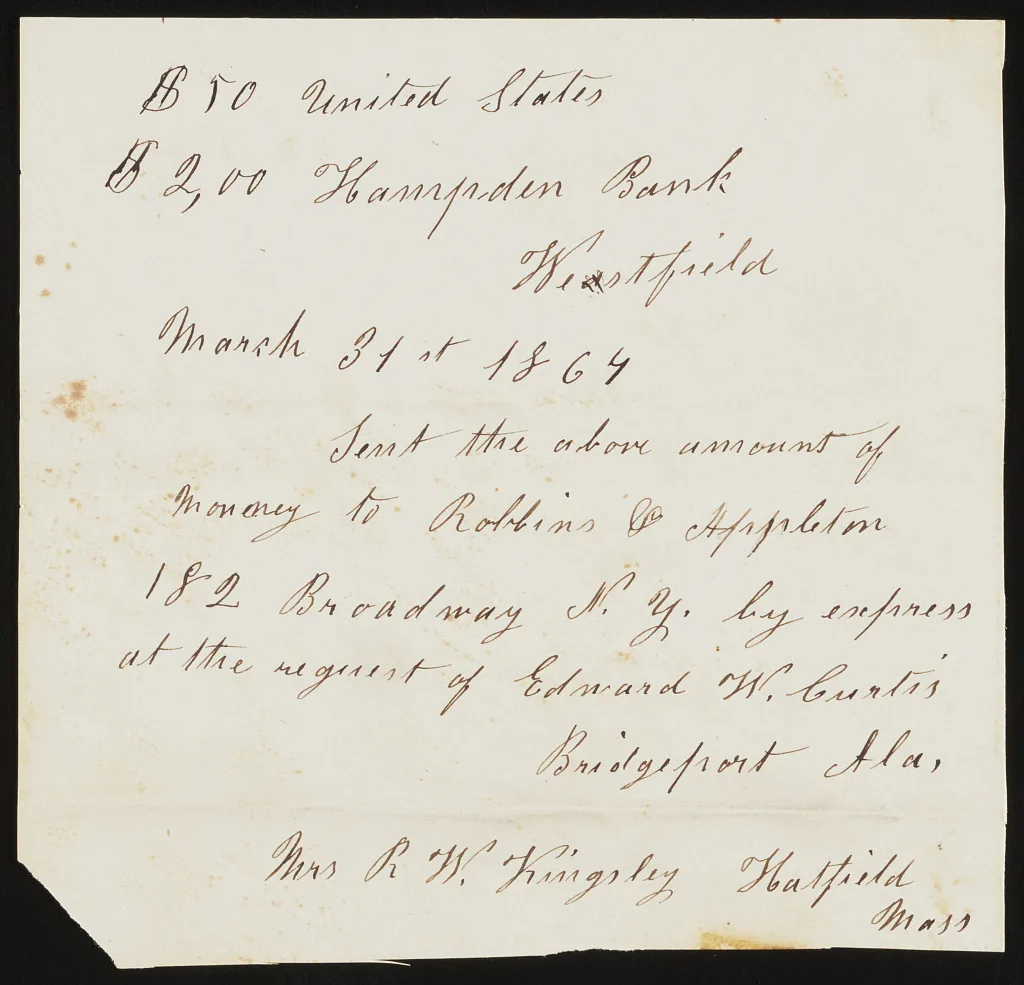 [Receipt for money sent by Rachel W. Kingsley on behalf of Edward W.…, 1864