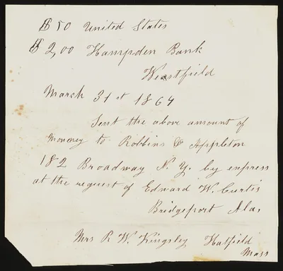 [Receipt for money sent by Rachel W. Kingsley on behalf of Edward W.…, 1864