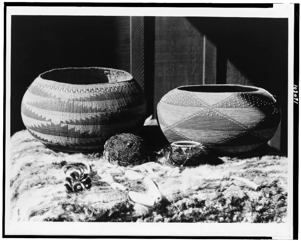 Pomo baskets and magnesite beads, California, 1924