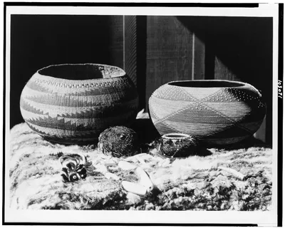 Pomo baskets and magnesite beads, California, 1924
