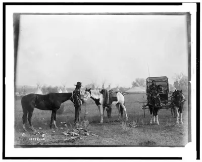 [High Medicine Rock, Crow Indian with two horses at left, Her Horse…, Montana, 1908