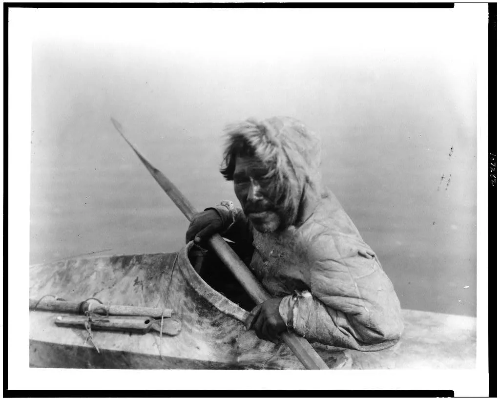 The seal-hunter, Noatak, in kayak, facing left, Noatak, Alaska, 1929