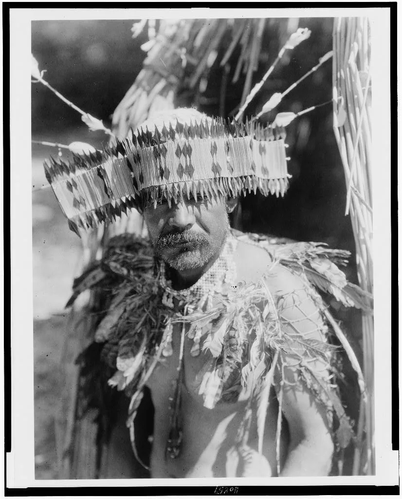 [Man in Pomo dance costume, half-length portrait, facing front], 1924