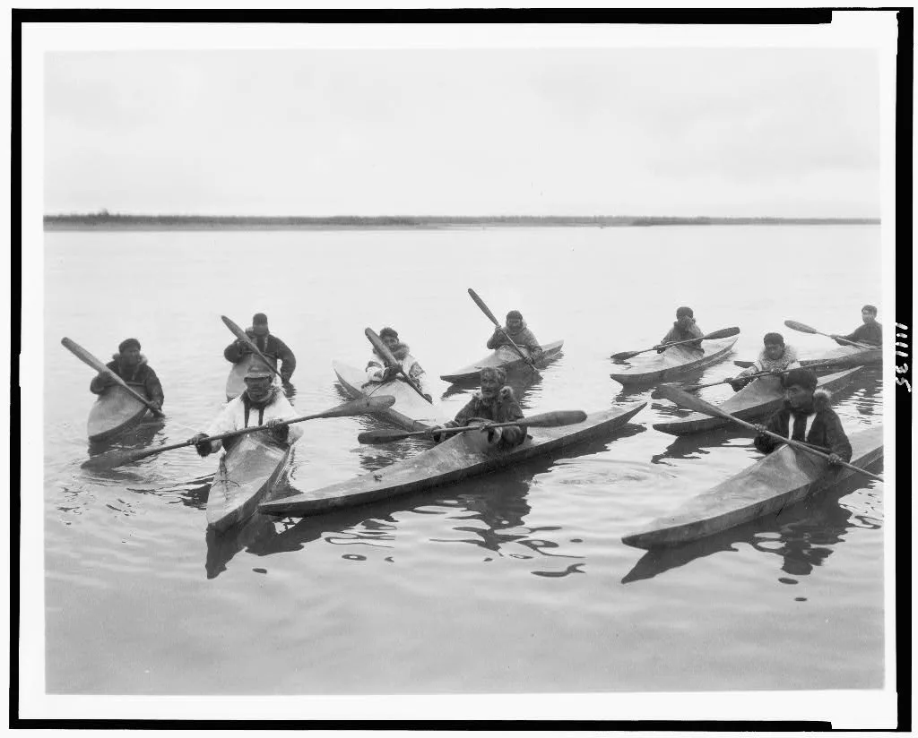 [Eskimos in kayaks, Noatak, Alaska], 1929