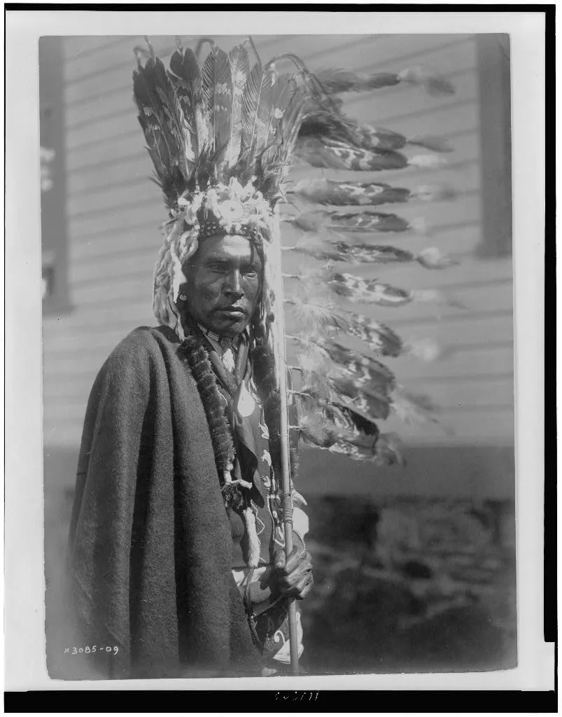 Piegan war-bonnet and coup-stick, 1910